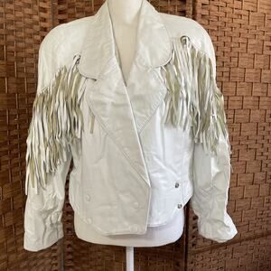 VTG 80s G-III White Leather Fringe Cropped Jacket Women’s Size Small Tassles